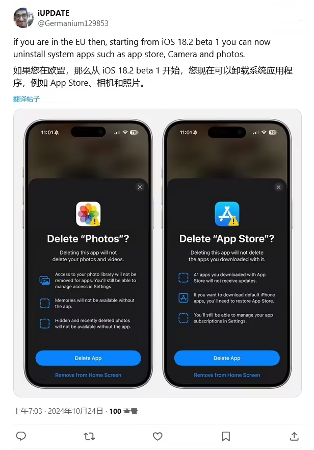 丰泽苹果手机维修分享iOS 18.2 支持删除 App Store 应用商店 